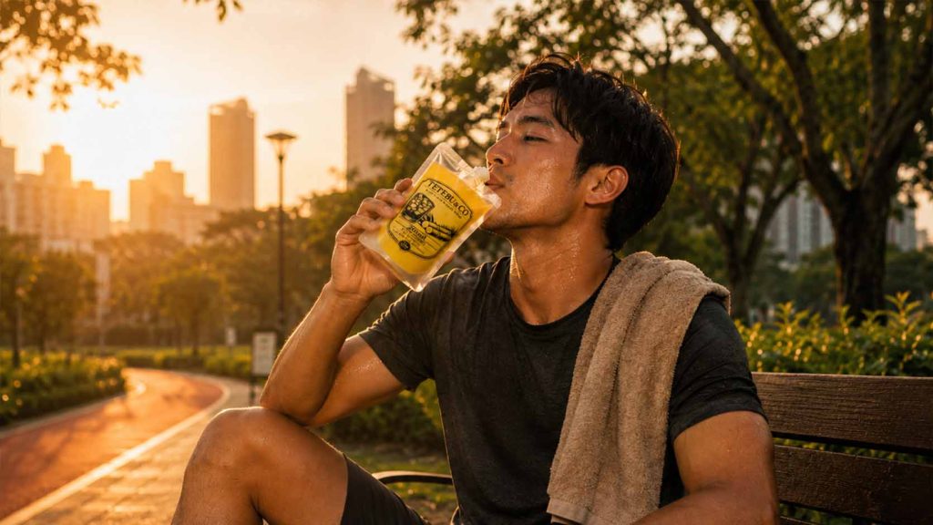 Young man drinking chilled Tetebu sugarcane juice after exercise in a city park